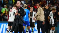 Reaksi timnas wanita Jerman setelah ditahan imbang oleh Korea Selatan dalam laga Grup H Piala Dunia Wanita 2023 di Brisbane Stadium, Australia, Kamis (3/8/2023). (Patrick Hamilton / AFP).