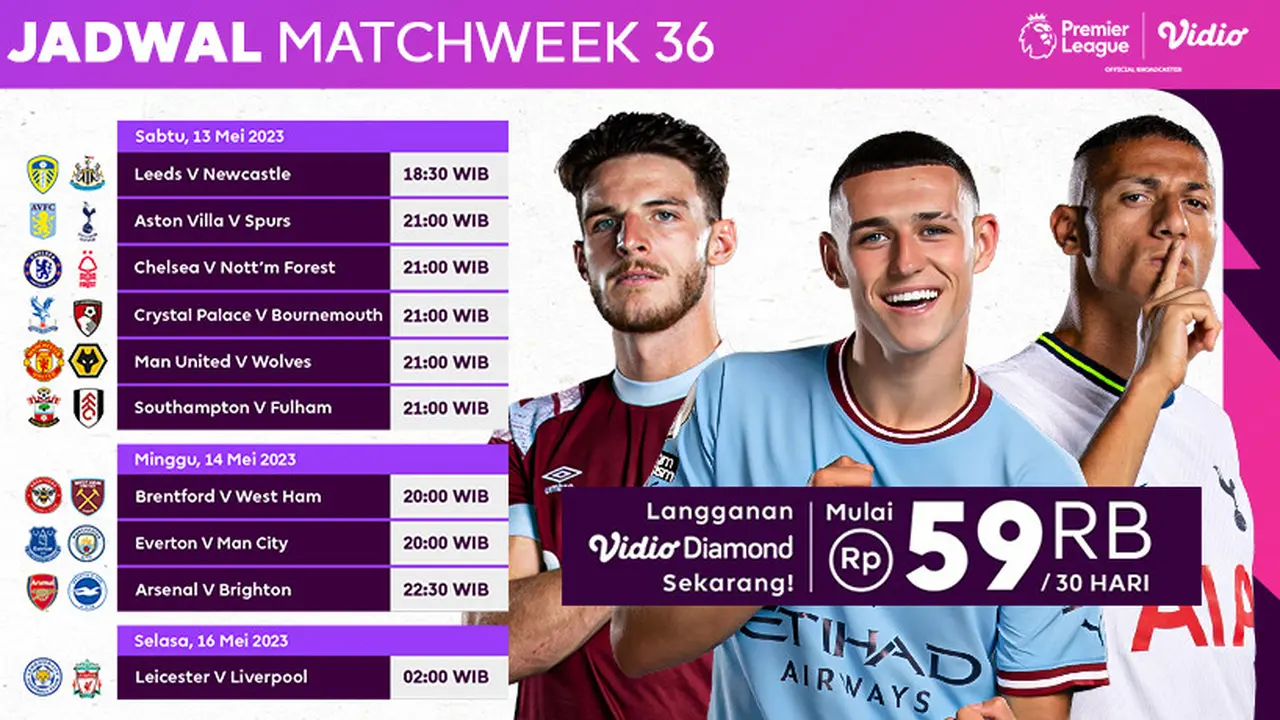 Jadwal Liga Inggris Pekan ke-36 Live Vidio 13-16 Mei : Leeds United Vs Newcastle, Arsenal Vs Brighton, Everton Vs Man City