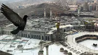Seekor merpati terbang di atas dekat Masjidil Haram yang kosong karena prosedur pencegahan coronavirus, pada hari pertama haji tahunan yang di kota suci Muslim Mekah, Arab Saudi, Rabu, (29/7/2020). (AP Photo)