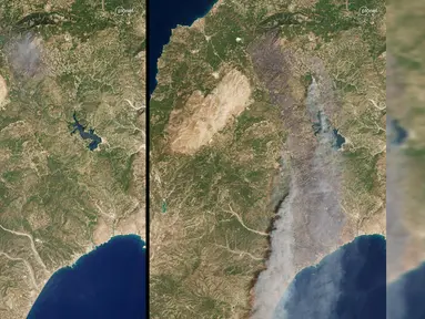 Kombinasi citra satelit yang disediakan oleh Planet Labs PBC dan diambil pada Kamis, 20 Juli 2023 di sebelah kiri dan Minggu, 23 Juli 2023 menunjukkan luasnya kebakaran hutan di sebagian pulau Rhodes, Yunani. (Planet Labs PBC via AP)