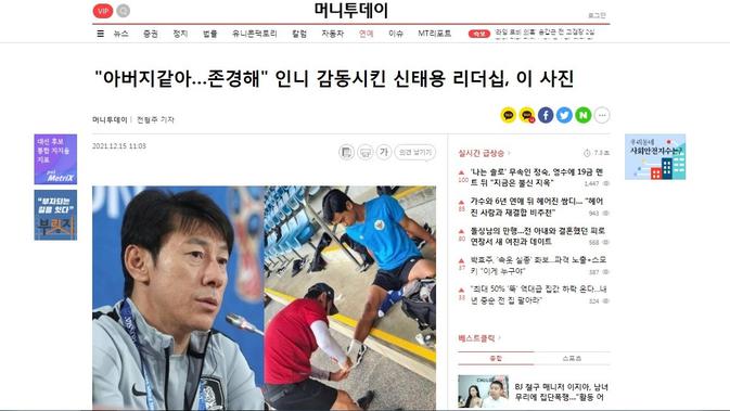 Pelatih Timnas Indonesia, Shin Tae-yong, saat merawat Pratama Arhan mendapat perhatian dari media Korea. (Screenshot)