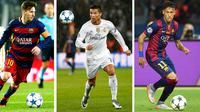 Lionel Messi (kiri), Cristiano Ronaldo (tengah) dan Neymar, bakal menjalani laga penentuan siapa yang berhak meraih trofi juara La Liga 2015-2016, malam ini. Persaingan ketat berebut tempat juga terjadi di Premier League, Liga Primeira Portugal, Serie A d