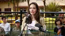 Angelina Jolie memberikan sebuah pernyataan di Pusat Pelatihan Dukungan Perdamaian Internasional di Nairobi, Kenya, (20/6). Sekitar 20 wanita telah ditemui Angelina Jolie di rumah penampungan yang telah lari dari konflik. (AP Photo/Khalil Senosi)