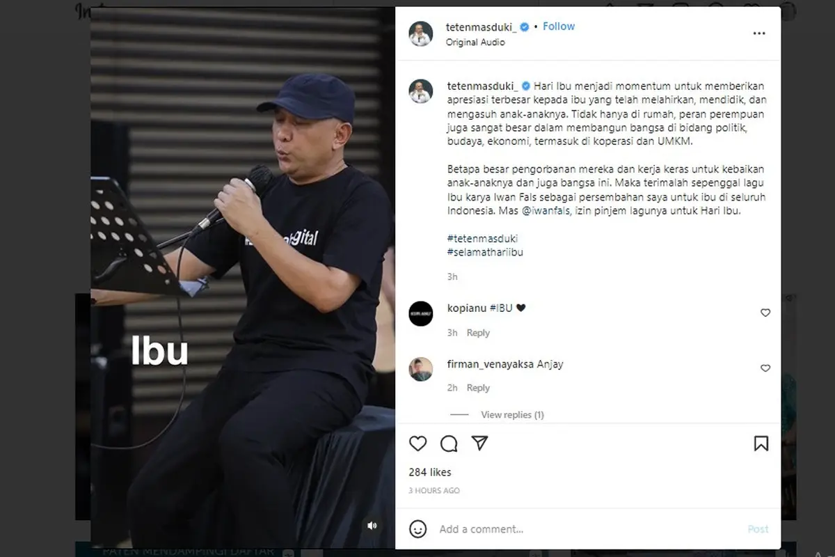 Menteri Koperasi dan UKM Teten Masduki, turut membagikan unggahannya terkait Hari Ibu.