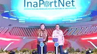 Menhub Budi Karya Sumadi dan Menko Perekonomian Airlangga Hartarto menghadiri peluncuran Go Live Tahap 1 penerapan aplikasi Inaportnet di 40 pelabuhan di Kantor Kemenhub, Jakarta. (Dok Kemenhub)