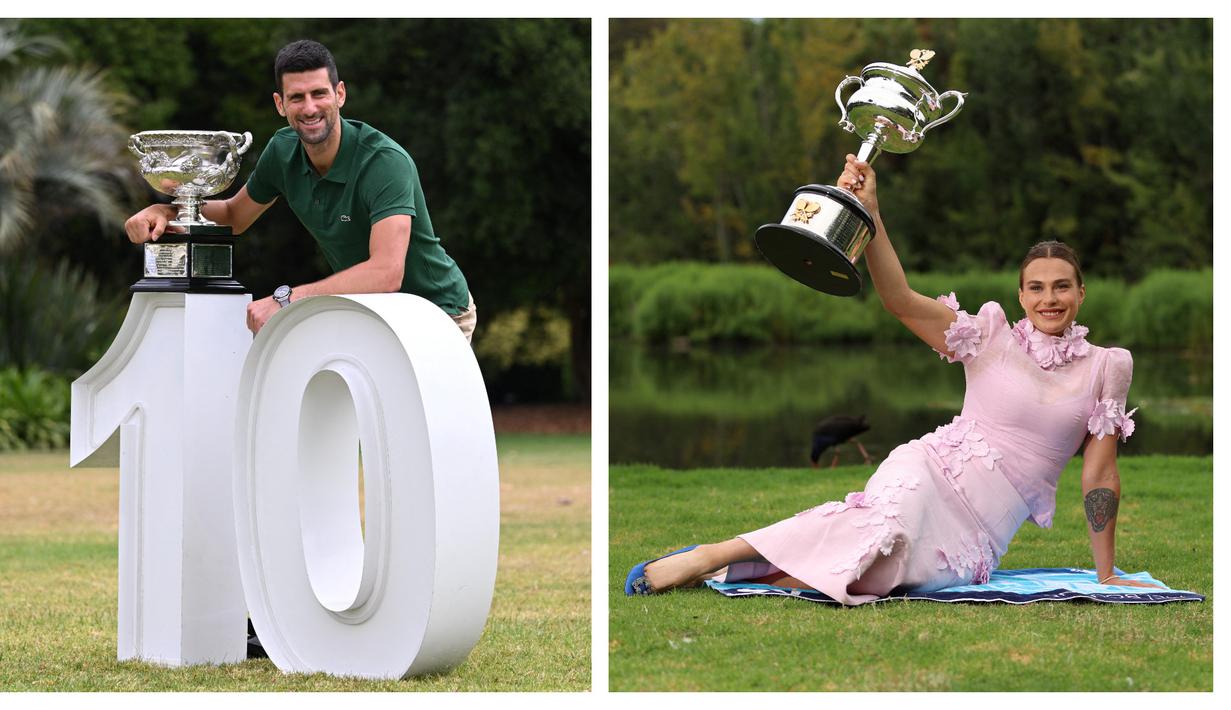 Foto Kolase: Petenis Serbia, Novak Djokovic dan petenis Belarusia, Aryna Sabalenka berpose dengan trofi setelah memenangkan ajang Australia Open 2023. Djokovic menang atas petenis Yunani, Stefanos Tsitsipas dengan skor 6-3, 7-6(7-4), 7-6(7-5) pada Minggu (29/01/2023). Sementara Sabalenka berhasil mengalahkan petenis Khazakstan, Elena Rybakina dengan skor 4-6, 6-3, 6-4 pada Sabtu (28/01/2023). (AFP/William West dan AFP/Martin Keep)