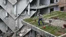 Mohamed Ataya merawat tanamannya yang berada di atap sebuah gedung yang rusak di Ghouta, pinggiran Damaskus, Suriah (3/3). Abu Maher memanfaatkan atap sebuah gedung yang rusak parah akibat perang untuk bercocok tanam.(AFP/Amer Almohibany)