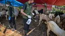 Petugas kesehatan dari Dinas Ketahanan Pangan dan Pertanian menyemprotkan disinfektan di kandang kambing di pasar ternak menjelang Idul Adha atau hari raya kurban bagi umat Muslim, di Surabaya, Jawa Timur, pada Rabu 20 Mei 2026. (JUNI KRISWANTO/AFP)