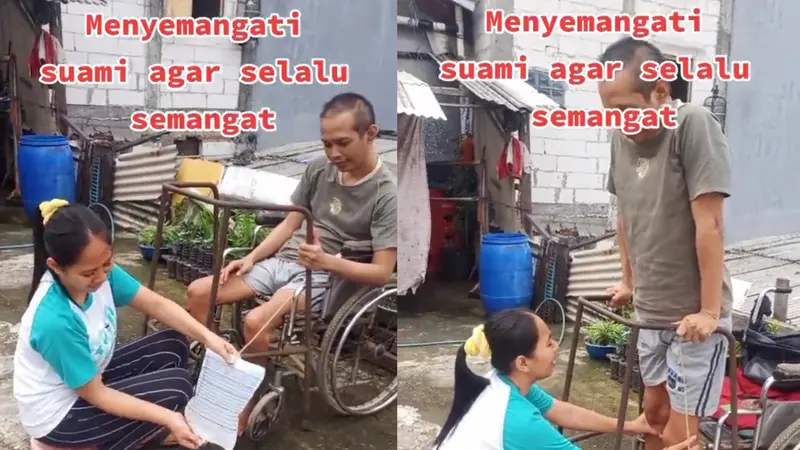 Seorang istri merawat suami yang sakit duduk di kursi roda.