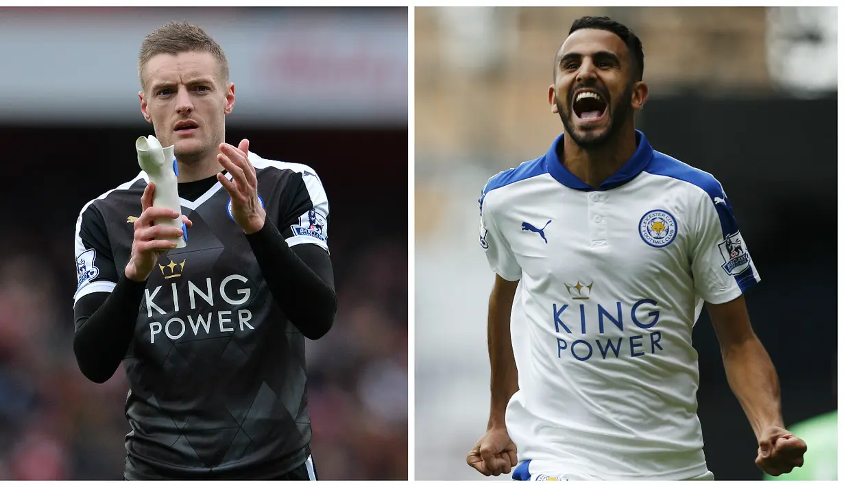 1. Jamie Vardy - Riyad Mahrez (8 gol), keberhasilan Leicester membuat kejutan dengan memuncaki klasemen Liga Inggris musim ini tak lepas dari kerjasama apik kedua pemain ini. (AFP)