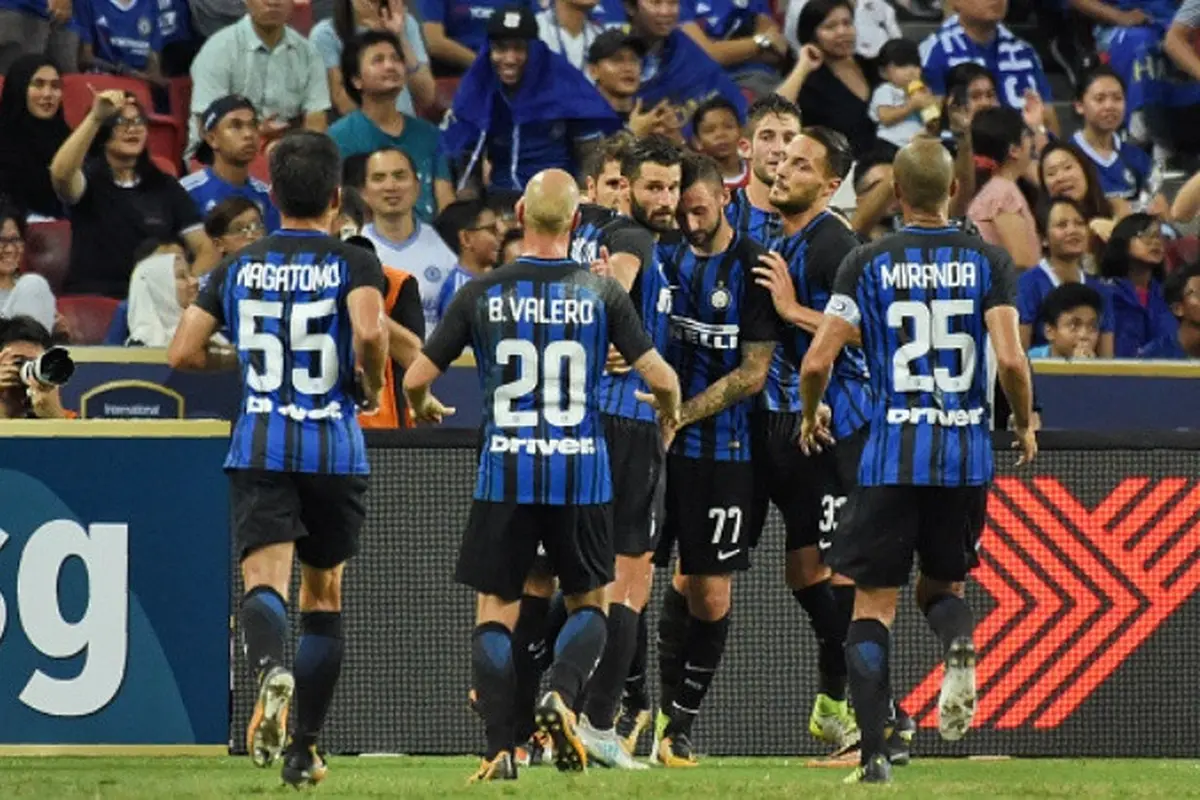 Pemain Inter Milan merayakan gol ke gawang Chelsea pada laga International Champions Cup 2017 di Nasional Stadium, Singapura, Sabtu (29/7/2017). 