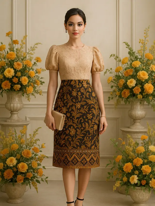 Model Dress Batik Kombinasi Brokat Lengan Pendek