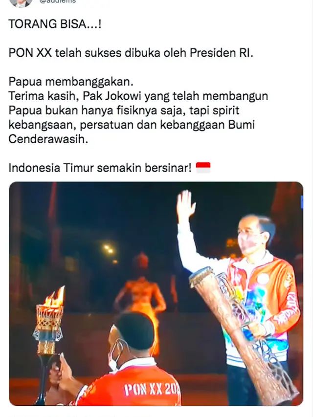 Addie MS Bangga Saksikan Pembukaan PON XX Papua oleh Presiden Jokowi