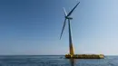 Turbin angin terapung pertama "floatgen" yang terletak di La Turballe, pantai barat Prancis, Jumat (28/9). Proyek dengan biaya 29,5 juta dolar AS tersebut merupakan usaha pertama Prancis dalam tenaga angin lepas pantai. (AFP/SEBASTIEN SALOM GOMIS)