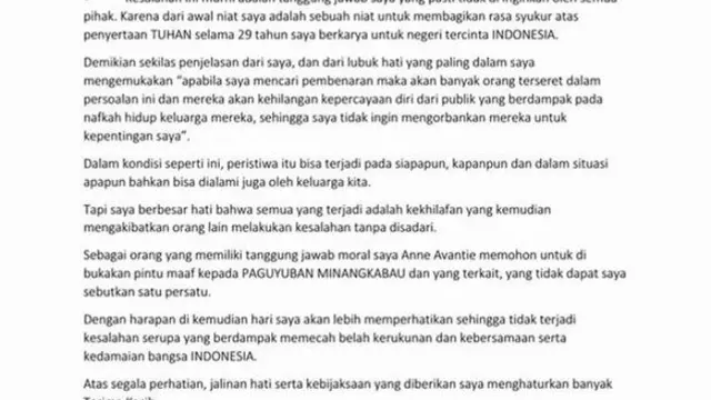 Surat permintaan maaf Anne Avantie (credit : facebook.com/jazmanrizal)
