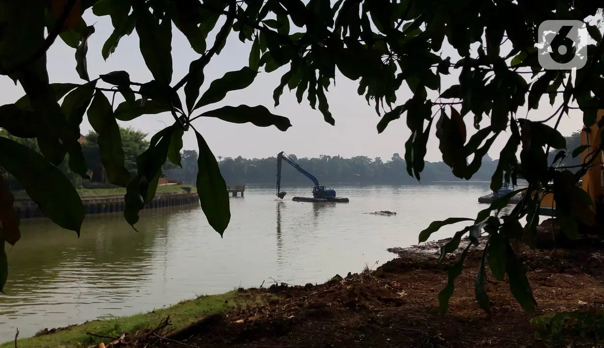 Petugas menggunakan alat berat untuk mengeruk lumpur di Setu Babakan, Jakarta, Selasa (30/6/2020). Pengerukan dilakukan guna mengembalikan kedalaman setu sehingga menambah daya tampungnya. (Liputan6.com/Immanuel Antonius)