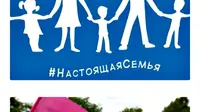 Partai Kesatuan Rusia menerbitkan bendera yang bergambar seorang pria, seorang wanita, dan tiga orang anak.
