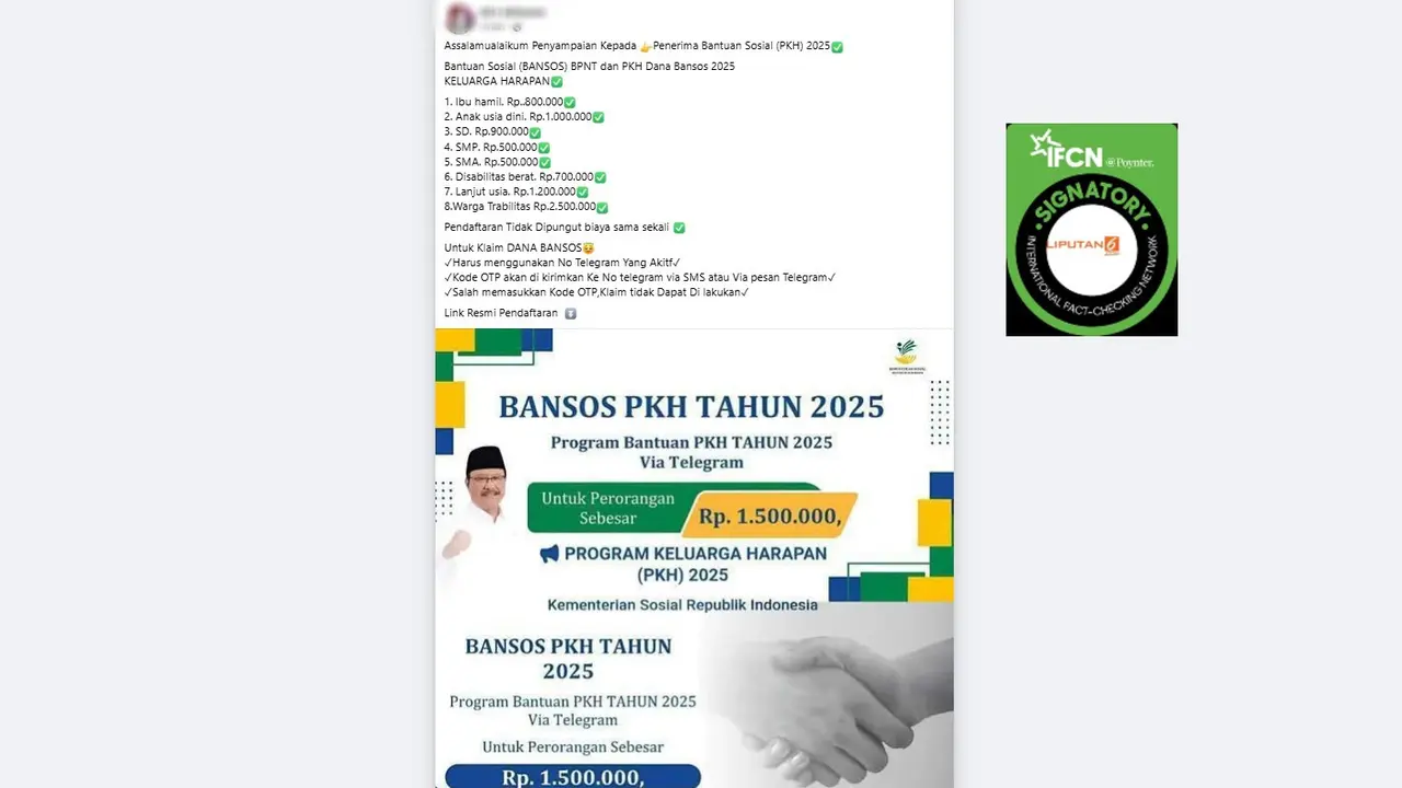 Tangkapan layar klaim tautan pendaftaran bansos PKH 2025 via Telegram yang beredar di Facebook.