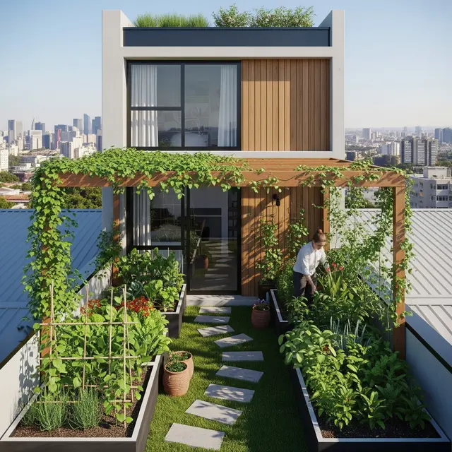 Rumah Ramah Lingkungan dengan Kebun Sayur Rooftop (Gemini AI)