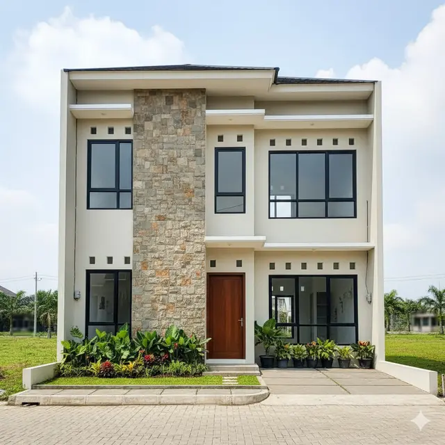 Model Rumah 2 Lantai Hemat Biaya dengan Atap Datar. Gemini