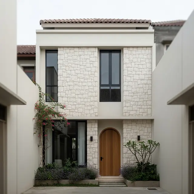 Fasad Rumah Mediterania Modern untuk Gang Sempit agar Tampil Estetik (AI Generated)