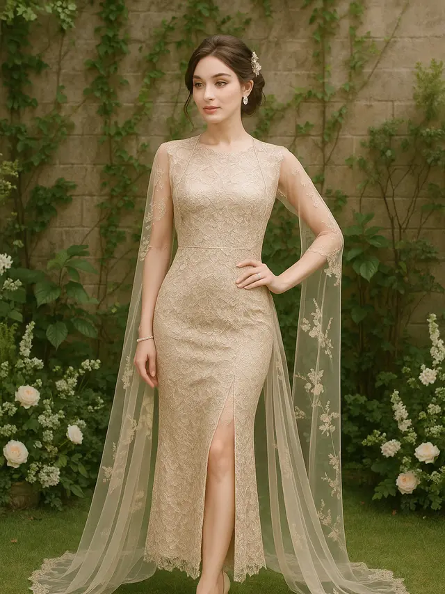 Model Long Dress Brokat Slim Fit dengan Outer Belah Tengah