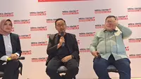 Kepala Otorita Ibu Kota Nusantara (IKN) Bambang Susantono saat berbindang bersama wartawan di Media Center Indonesia Maju, Jakarta Pusat, Kamis (7/12/2023).