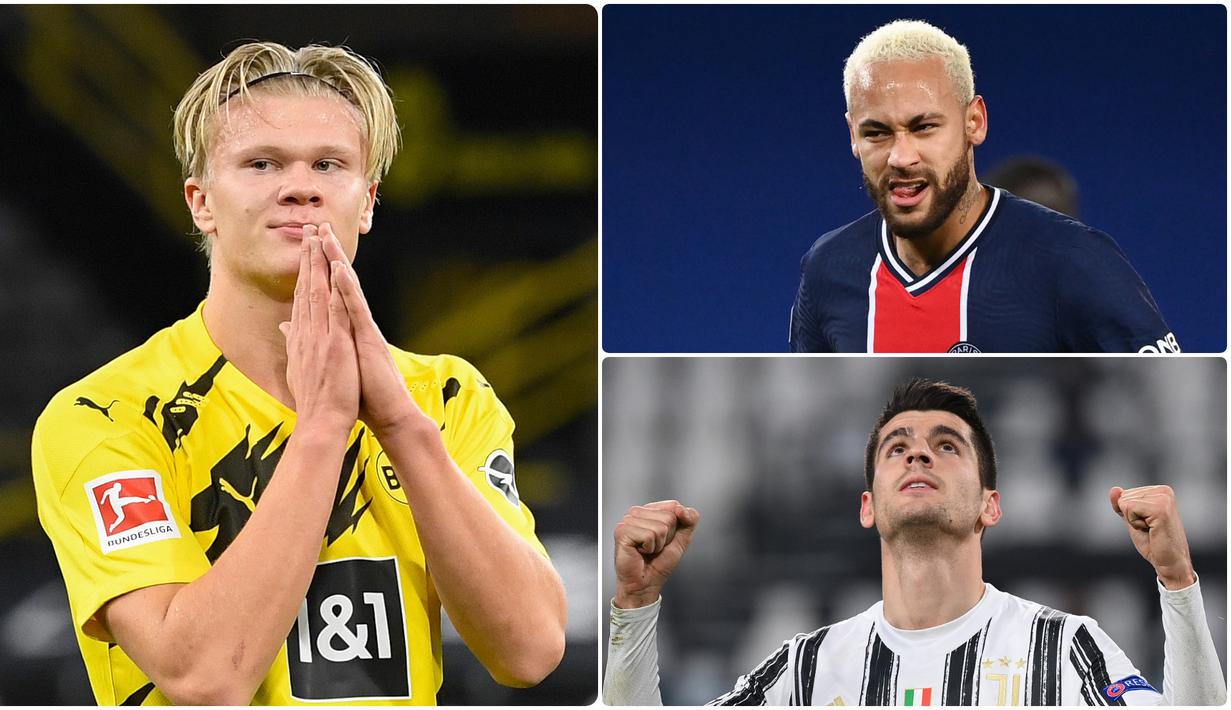 Persaingan ketat sebagai top skor mulai terlihat di kompetisi Liga Champions. Erling Haaland, Neymar dan Alvaro Morata tercatat telah memiliki jumlah gol yang sama di laga terakhir fase grup Liga Champions. Berikut top skor sementara Liga Champions 2020/2021. (kolase foto AFP)