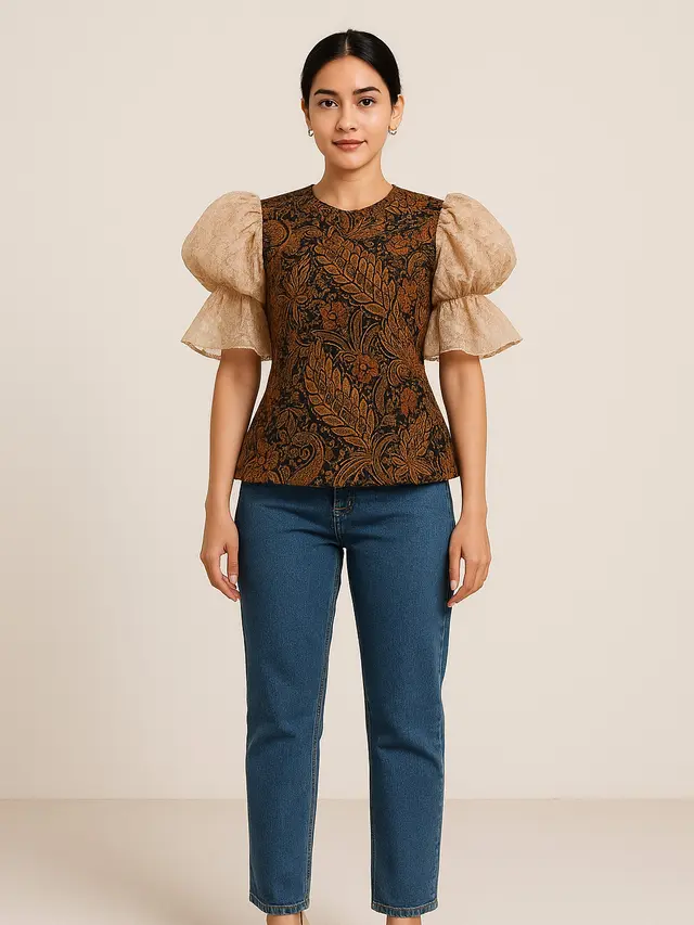 Model Batik Brokat Kombinasi Lengan Ruffle Modern