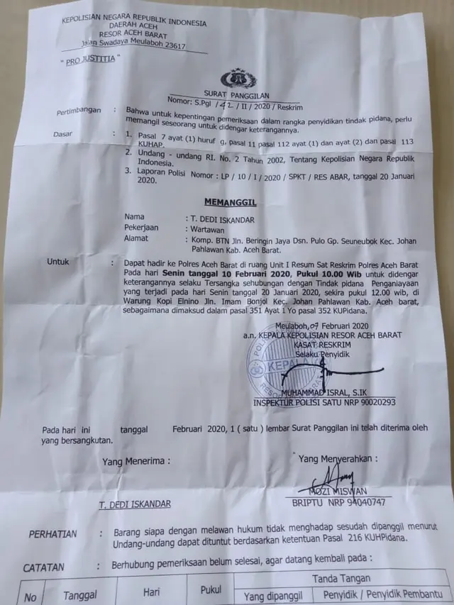 Surat panggilan untuk wartawan LKBN Antara Biro Aceh, untuk Kabupaten Aceh Barat (Dok. Pribadi)