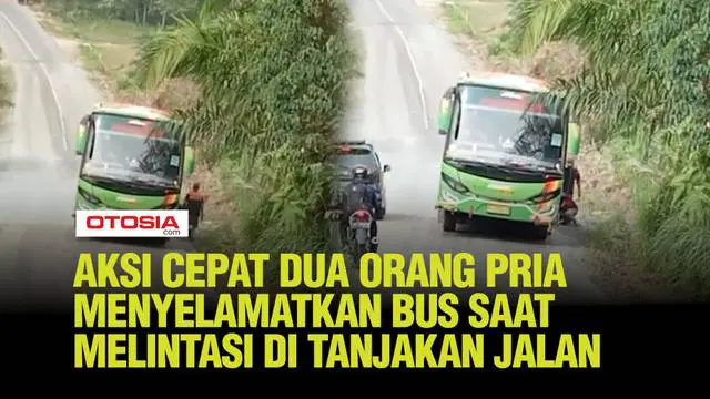 Saat bus hampir tergelincir, dua orang pemberani segera bertindak dengan cepat, mengganjal ban belakang bus untuk mencegah bahaya.