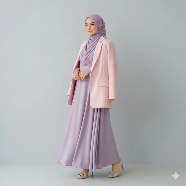 Inspirasi Long Dress Muslim Polos Kombinasi Blazer Formal. (via Gemini)