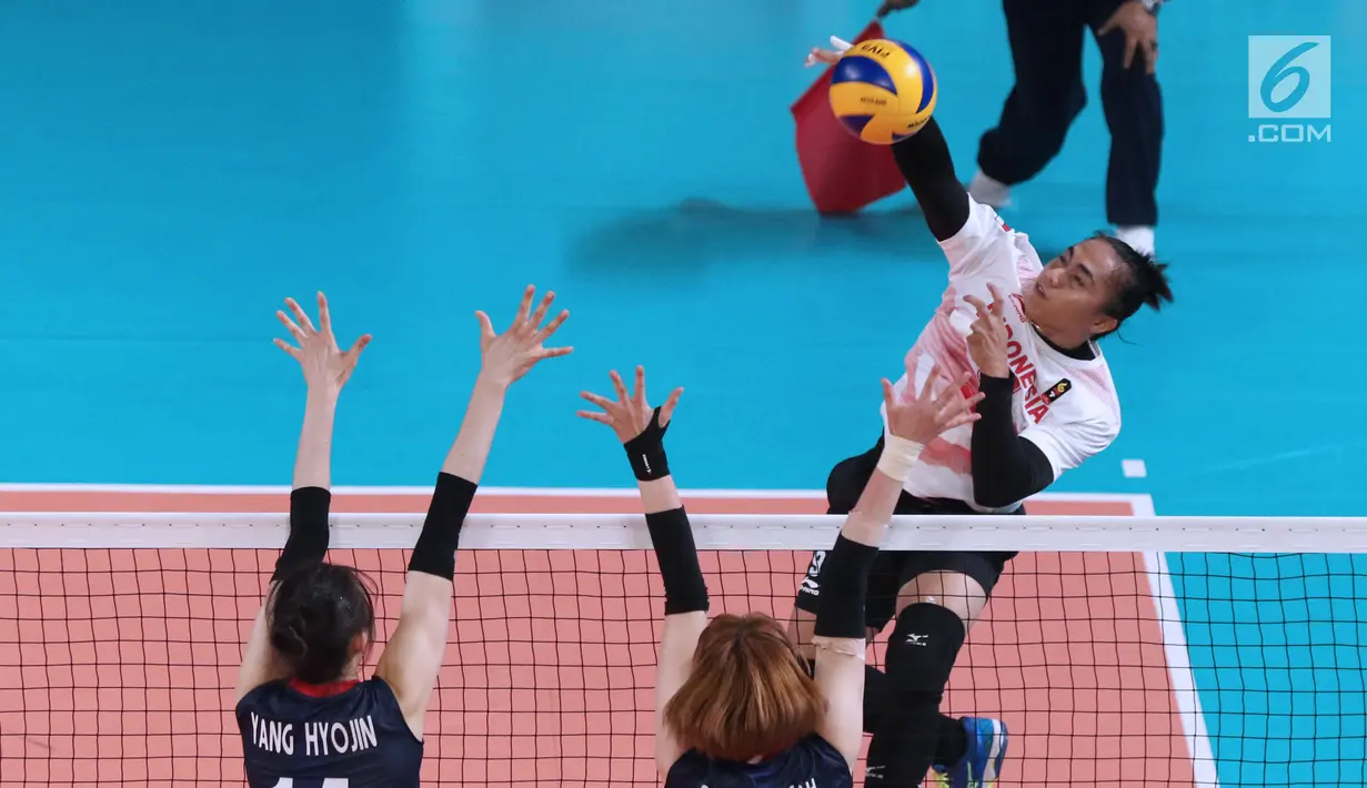 Pevoli putri Indonesia, Aprilia S Manganang (atas) melakukan smash ke arah area permainan Korea pada perempat final voli putri Asian Games 2018 di Tennis Indoor GBK, Rabu (29/8). Indonesia kalah 0-3. (Liputan6.com/Helmi Fithriansyah)