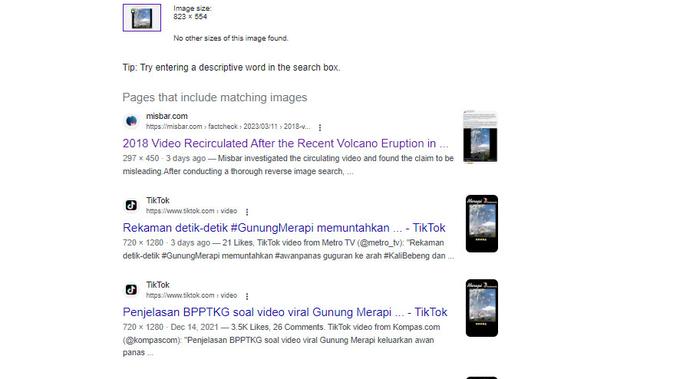 <p>Tangkapan layar Google Image untuk penelusuran klaim video gunung Merapi meletus</p>