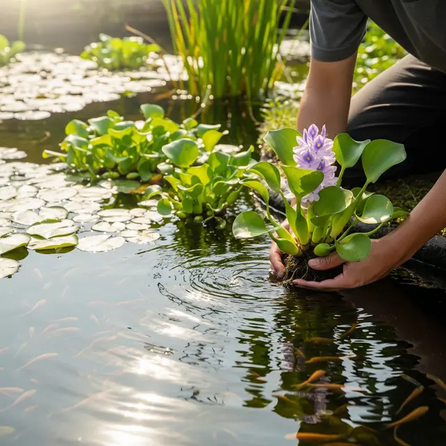 Menanam Enceng Gondok di Kolam Ikan (Gemini AI)