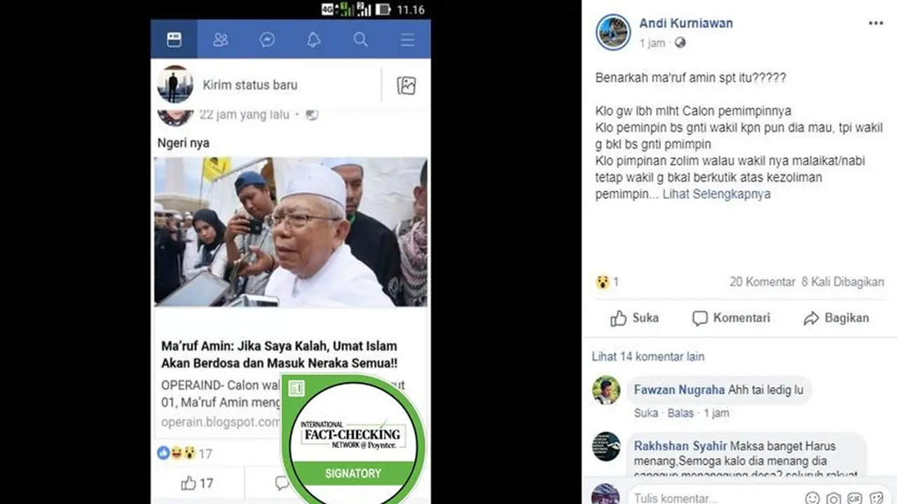 [Cek Fakta] Hoaks Umat Islam Berdosa Bila Ma'ruf Amin Kalah Pilpres