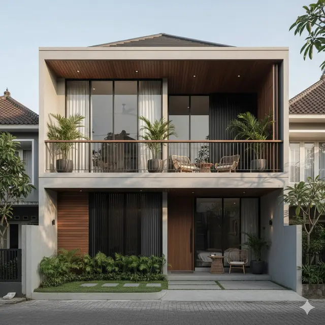 Model Rumah 6x12 Atap Datar dengan Balkon Atas