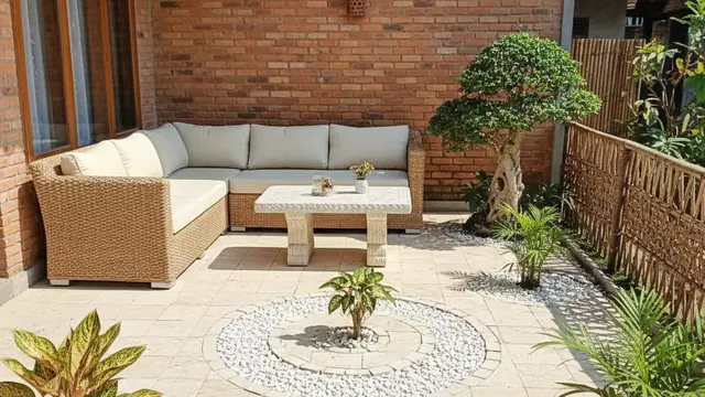 Desain Teras Rumah dengan Taman Mini di Desa. AI