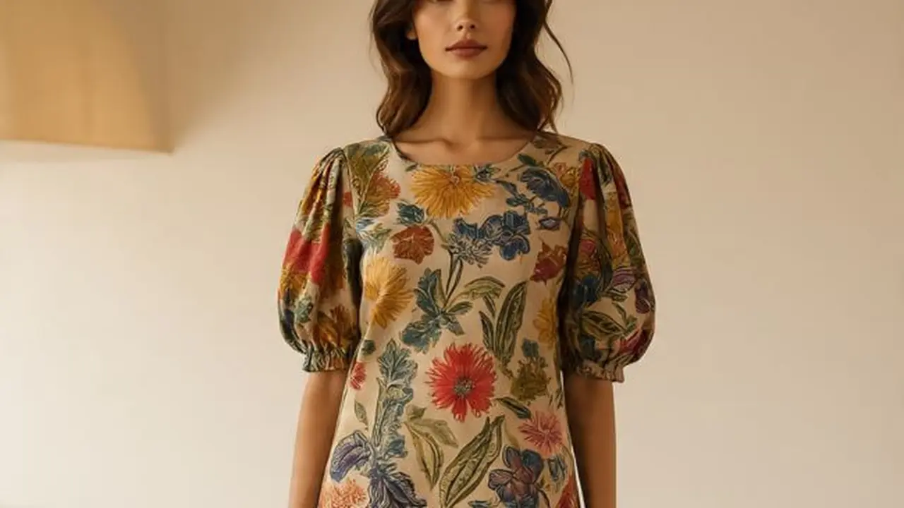 Ilustrasi Batik Ecoprint Klasik Lengan Puff (Sumber Gambar: Meta AI)