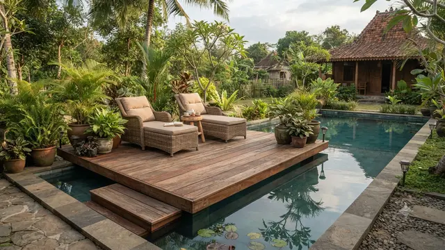Model Dek Kayu Mini di Atas Kolam, Solusi Cantik untuk Ruang Santai Outdoor Desain Sudut di Atas Kolam