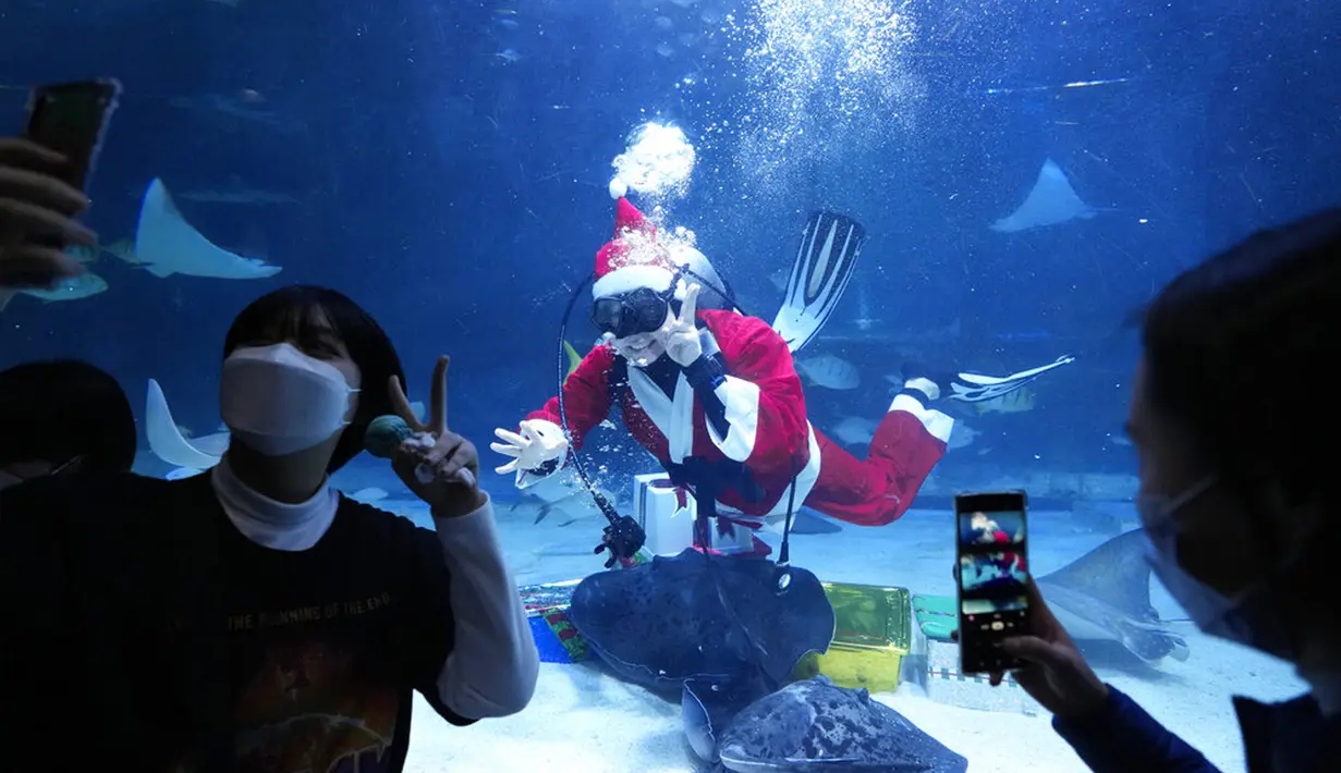 Seorang penyelam berpakaian Sinterklas menyapa pengunjung pada acara promosi liburan Natal di Coex Aquarium, Seoul, Korea Selatan, Jumat (3/12/2021). Natal adalah salah satu hari libur terbesar yang dirayakan di Korea Selatan. (AP Photo/Ahn Young-joon)