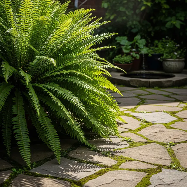 Pakis Boston (Nephrolepis exaltata) di Paving Halaman Rumah (Gemini AI)