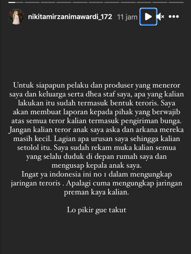 Unggahan Nikita Mirzani soal teror. (Foto: Instagram @nikitamirzanimawardi_172)