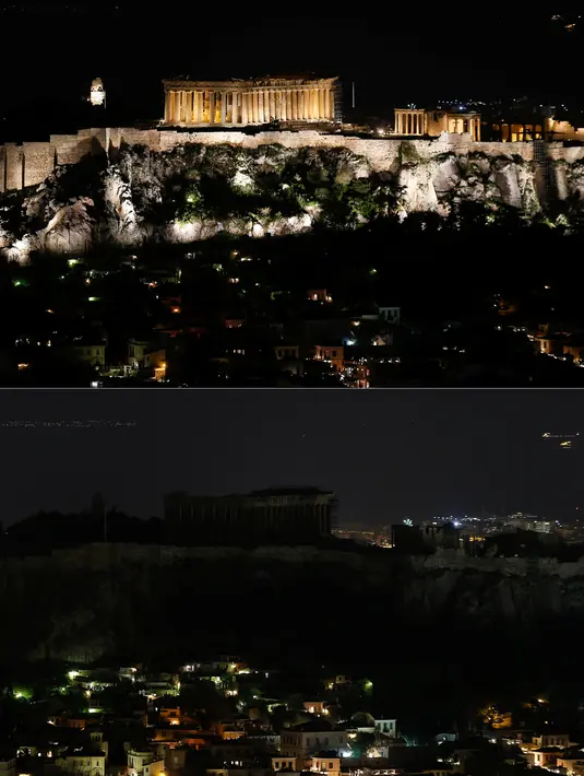 Foto kombinasi menunjukkan pemandangan kuil Parthenon kuno di atas bukit Acropolis sebelum (atas) dan selama Earth Hour di Athena, Yunani, Sabtu (30/3). (REUTERS/Costas Baltas)