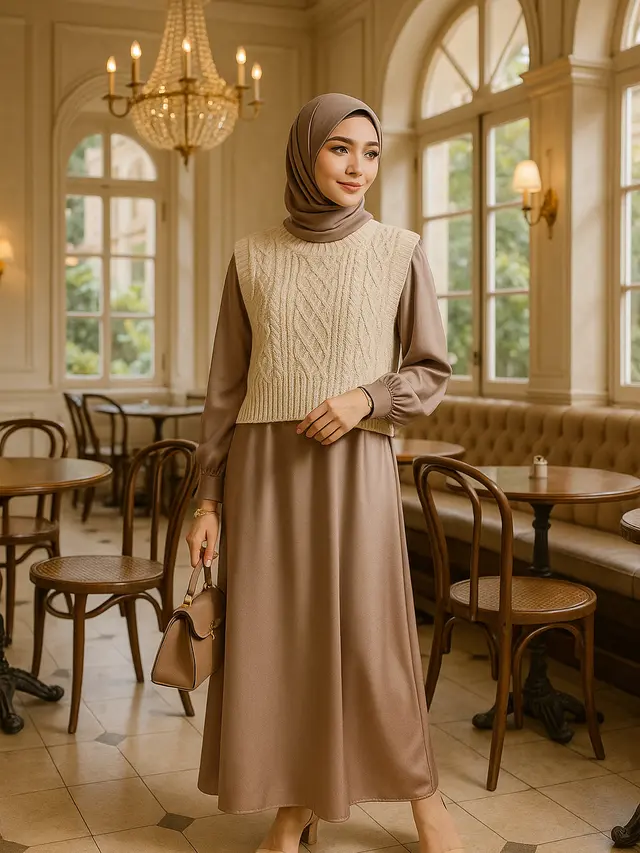 Model Gamis dengan Rompi Rajut