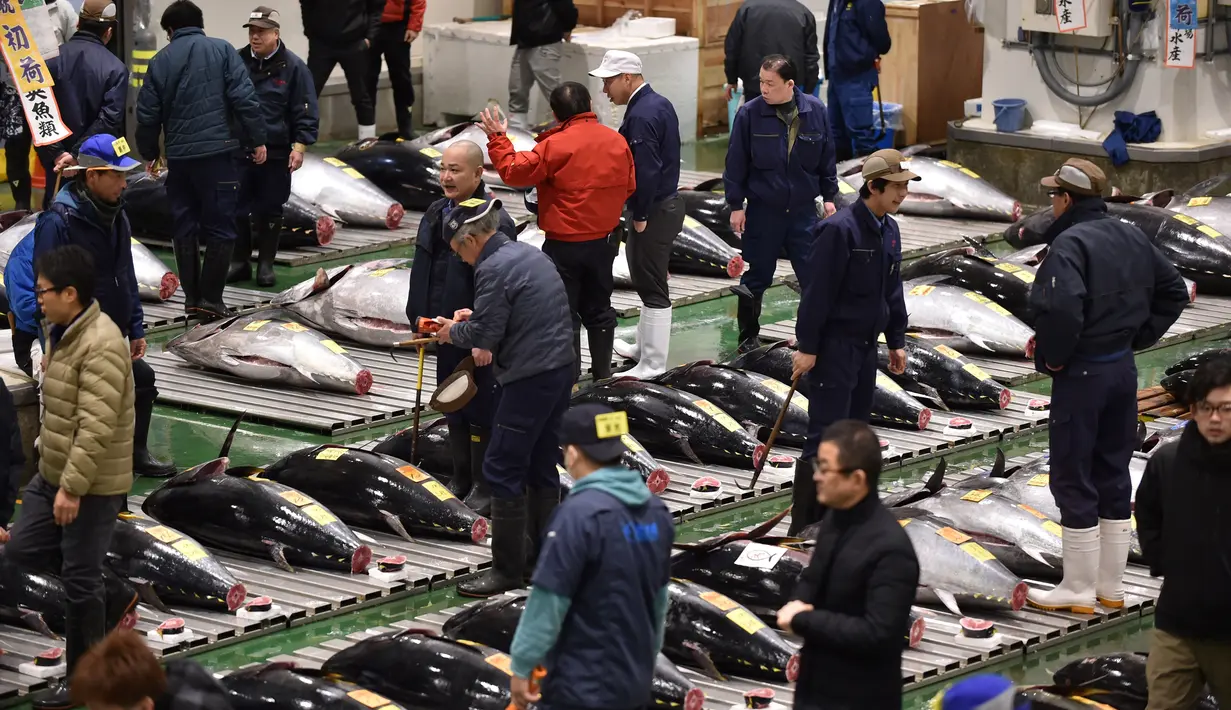 Orang-orang menghadiri tradisi lelang Tahun Baru di Pasar ikan Toyosu, Tokyo, Minggu (5/1/2020). Lelang ikan ini adalah kegiatan rutin usai Tahun Baru yang biasanya diadakan menjelang fajar di pasar ikan Toyosu. (Kazuhiro NOGI / AFP)