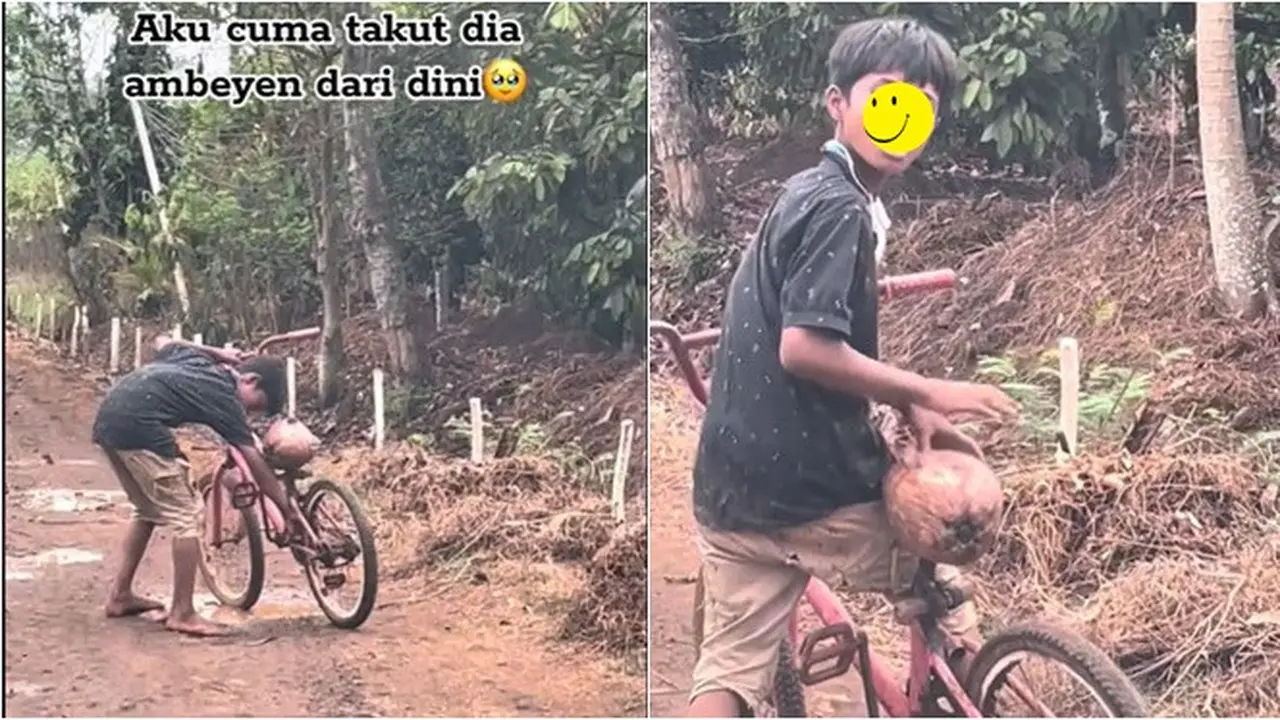Momen Bocah Naik Sepeda Pakai Kelapa Kering Buat Duduk, Ujungnya Bikin Haru