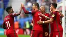Striker Portugal, Cristiano Ronaldo, melakukan selebrasi usai mencetak gol ke gawang Selandia Baru pada laga Grup A Piala Konfederasi 2017 di Stadion Krestovskyi, Saint Petersburg, Sabtu (24/6/2017). Portugal menang 4-0. (EPA/Mario Cruz)