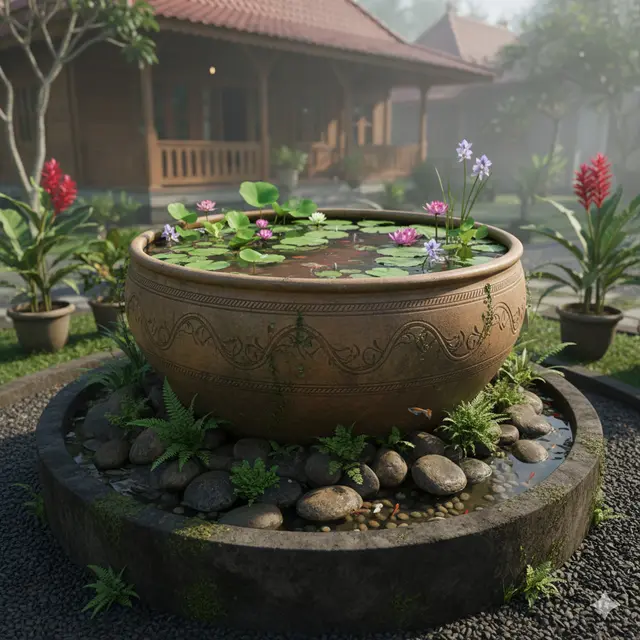 7 Desain Kolam Ikan Mini dari Gentong Tanah Liat, Kreasi Natural yang Menyejukkan