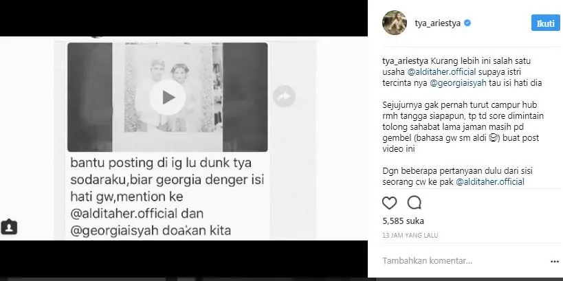 Tya Ariestya posting pernyataan Aldi Taher (Instagram/@tya_ariestya)